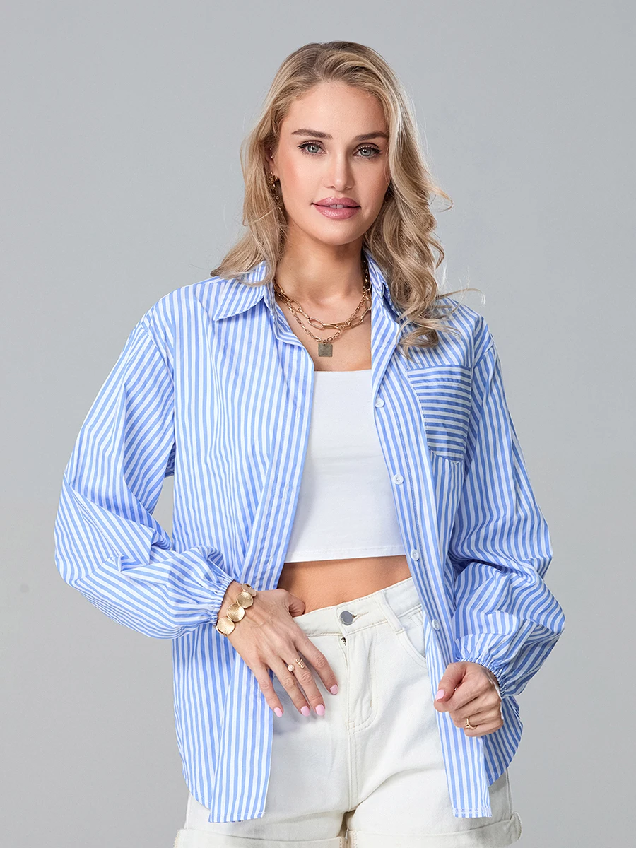 Women’s Striped Print Shirts Casual Long Sleeve Button Down Tops Lightweight Blouses