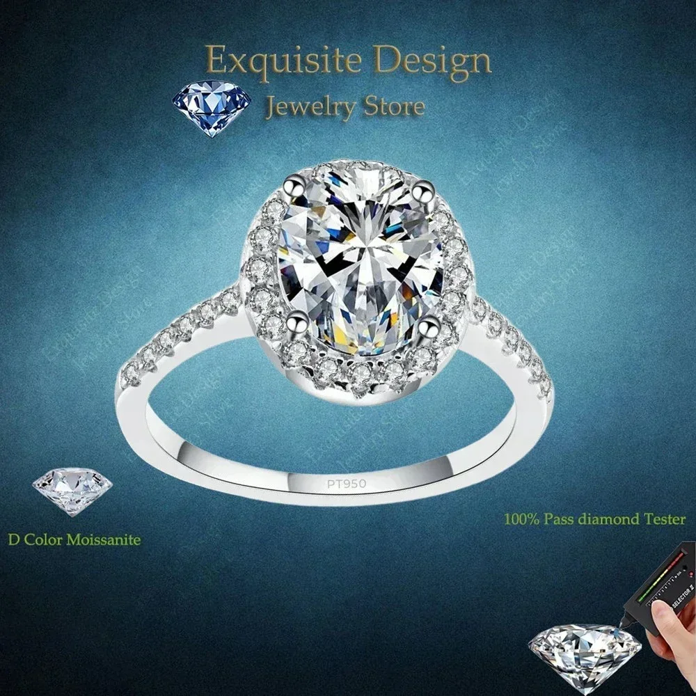 Exquisite Design 1/2 Carat Luxury Oval VVS1 D Color Moissanite Diamond Rings, PT950 Platinum  Sparkling Ring Best Gift for Women