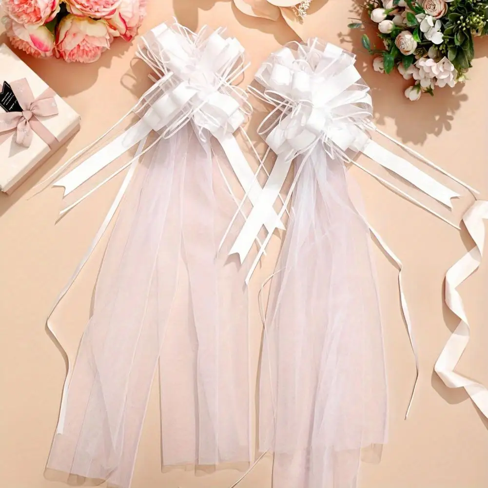 4Pcs White Wedding Pew Bows Tulle Church Aisle Wedding Chair Decorations For Bridal Shower Reception Long Tulle Tail Accents