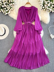 Women Solid French Vintage Bubble Sleeves V-Neck High Waist Loose A-line Hundred Pleats Dress Summer Elegant Party Vacation Robe