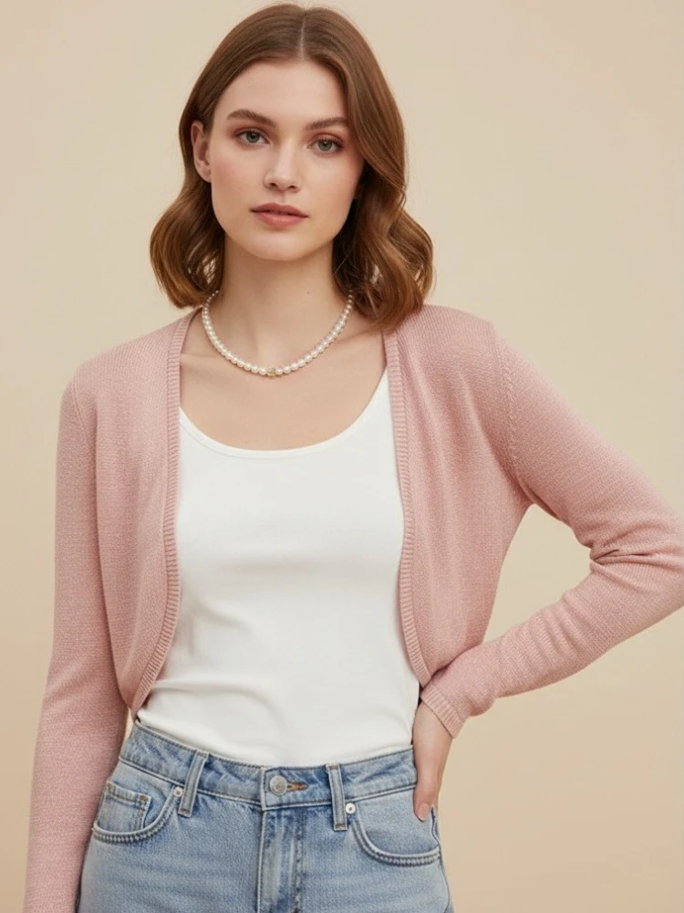 

2026 Spring Summer Sun-Proof Cardigans Women Crop Tops Korean Sweater Fashion Thin Short Solid Knitted Long Sleeve Cardigan