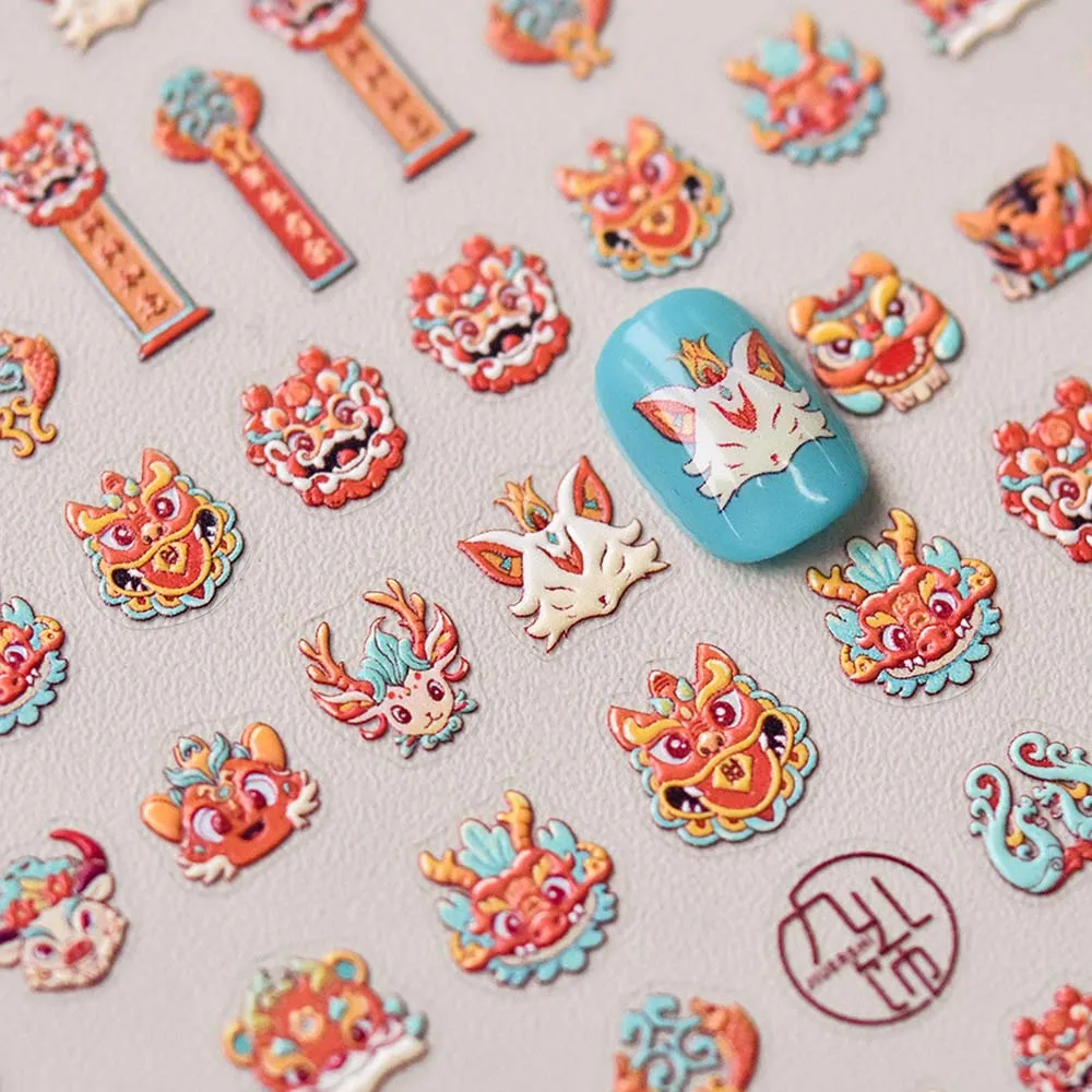 Lion Dance Chinese New Year Nail Stickers Chinese Character New Year Nail Charms Dragon Nail Decals Zodiac Animals