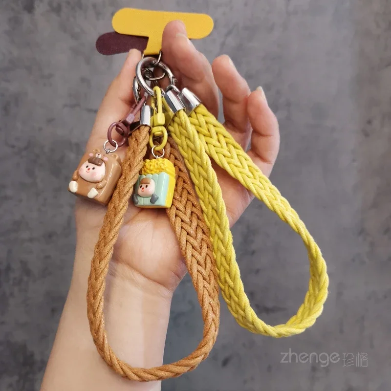 Mobile Phone Lanyard Short Double Patchwork Horsetail Twist Wrist Rope Pendant Women's  Cartoon Pendant  Cute Phone Charm