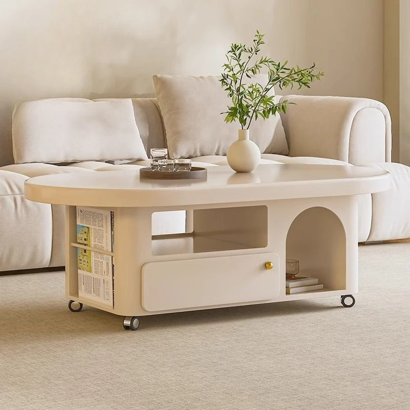 

Coffee table French cream style living room home art small apartment premium oval tea with wheels