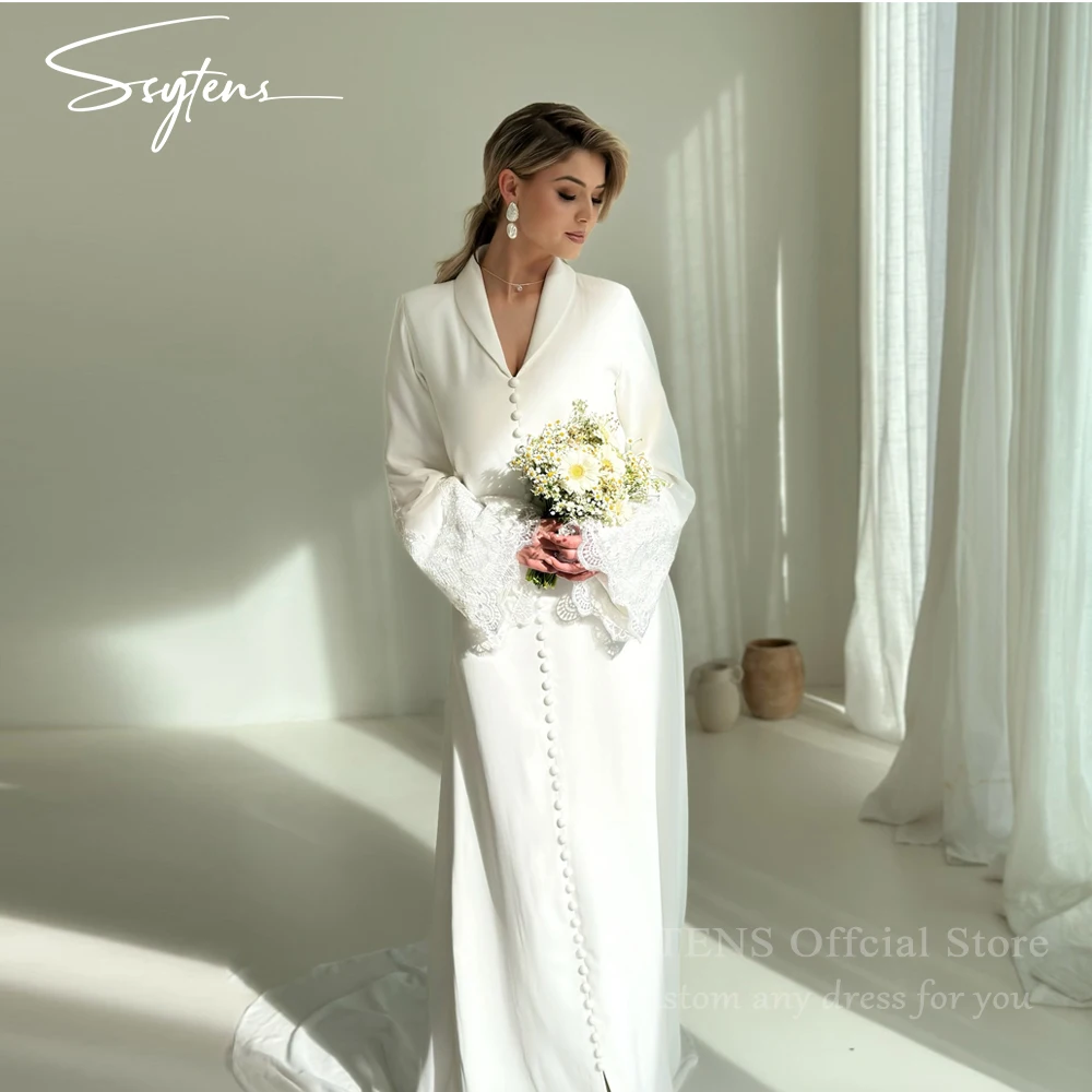 

SSYTENS Modest Long Sleeve Wedding Dresses for Women Simple Muslim Bridal Dress Dubai Appliques Customized Civil Marriage Gowns