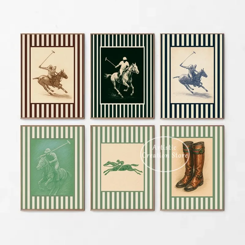 Affiche Murale Vintage Équestre Polo Western Traditionnel, Dessin de Cavalière, Peinture sur Toile, Décoration Murale Sportive pour la Maison