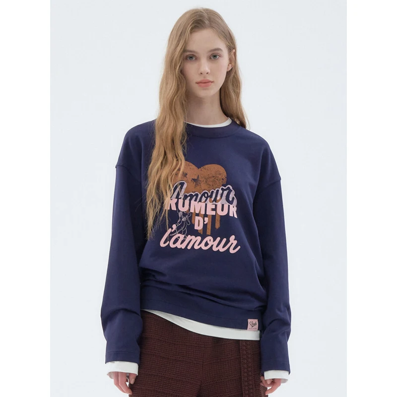 

Модная женская футболка с длинным рукавом, антивозрастная, из вельвета, с принтом в виде букв и сердечек, свободного кроя, с круглым вырезом, в двух цветах, повседневная