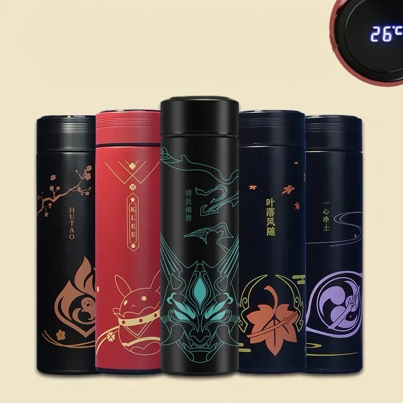 Genshin قارورة مفرغة زجاجات مياه LED عرض درجة الحرارة أكواب القهوة الفولاذ المقاوم للصدأ لعبة Zhongli Xiao أنيمي الترمس الكؤوس