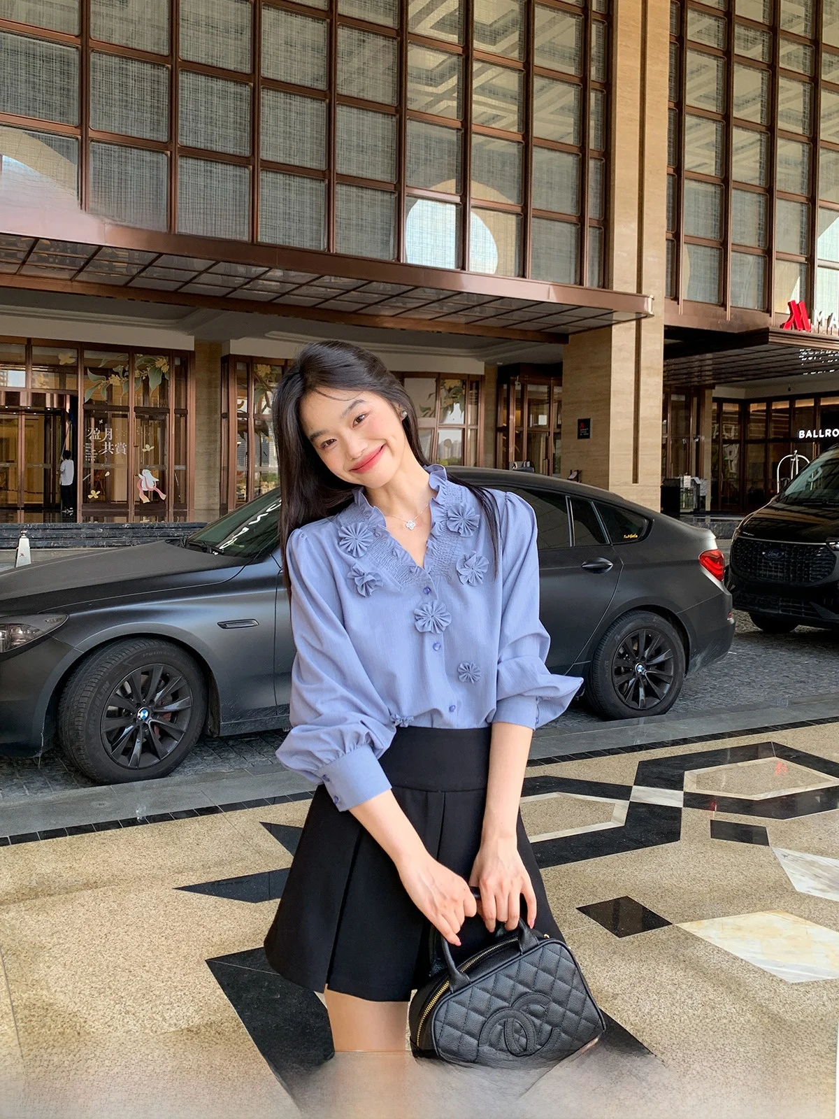 

Ele Loose Fit Long Sve V-Ne Blue irt Women's Autumn Design Floral Print Korean Sle Faionable Top