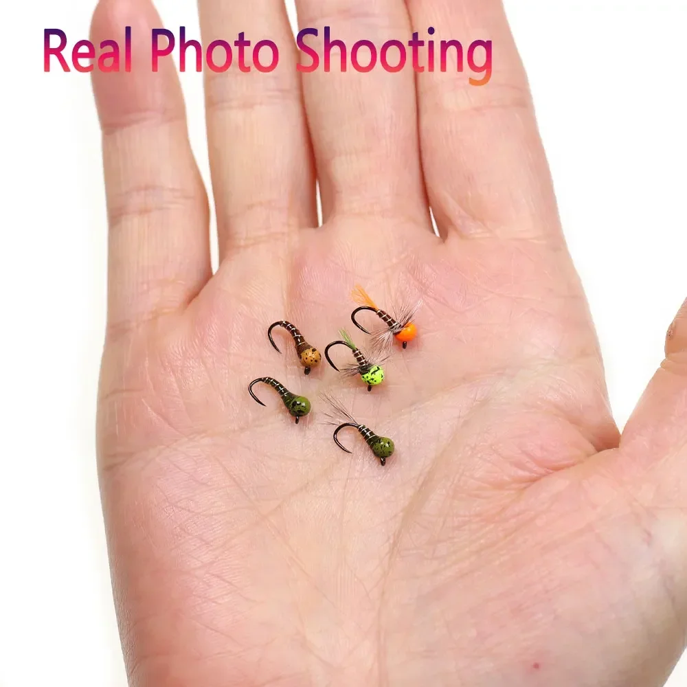 Bimoo 5PCS #20 Offset Tungsten Bead Head Barbless Perdigon Nymph Fly Fast Sinking  Midge Nymph For Trout Bluegill Fishing Lure