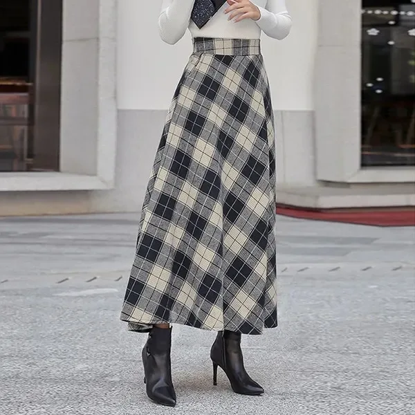 

Womens Fall/Winter Versatile A-Line Party Casual Swinging High-Waisted Long Skirt With Plaid Pattern Faldas Largas Ropa De Mujer
