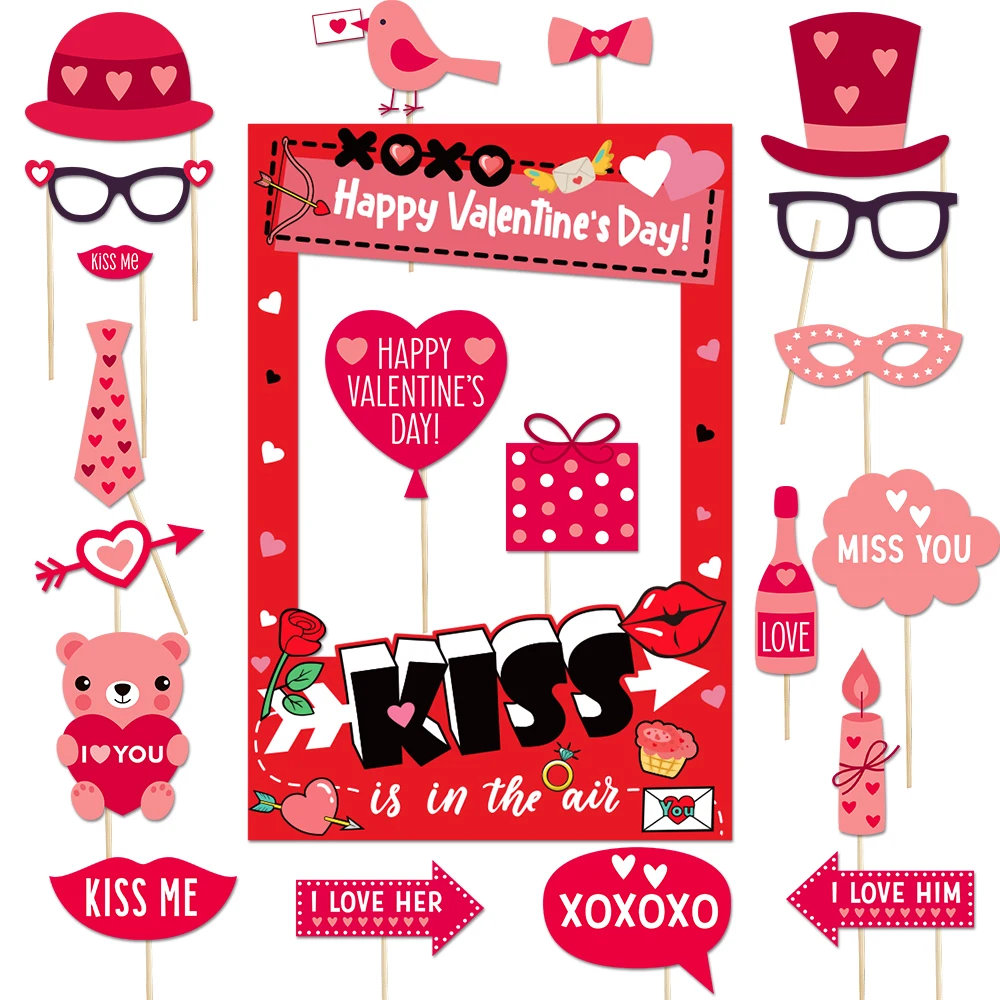 Romantic Valentines Day Photo Booth Props  Happy Valentine’s Day Selfie Picture Frame with Hat Lip Glasses Heart DIY Photo Prop