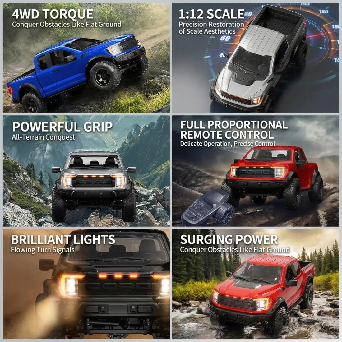 1:12 Scale F150 Raptor Style 4WD RC Off-Road Truck, 15KM/H High Speed Remote Control Car 2.4GHz All Terrain Pickup with Lighting