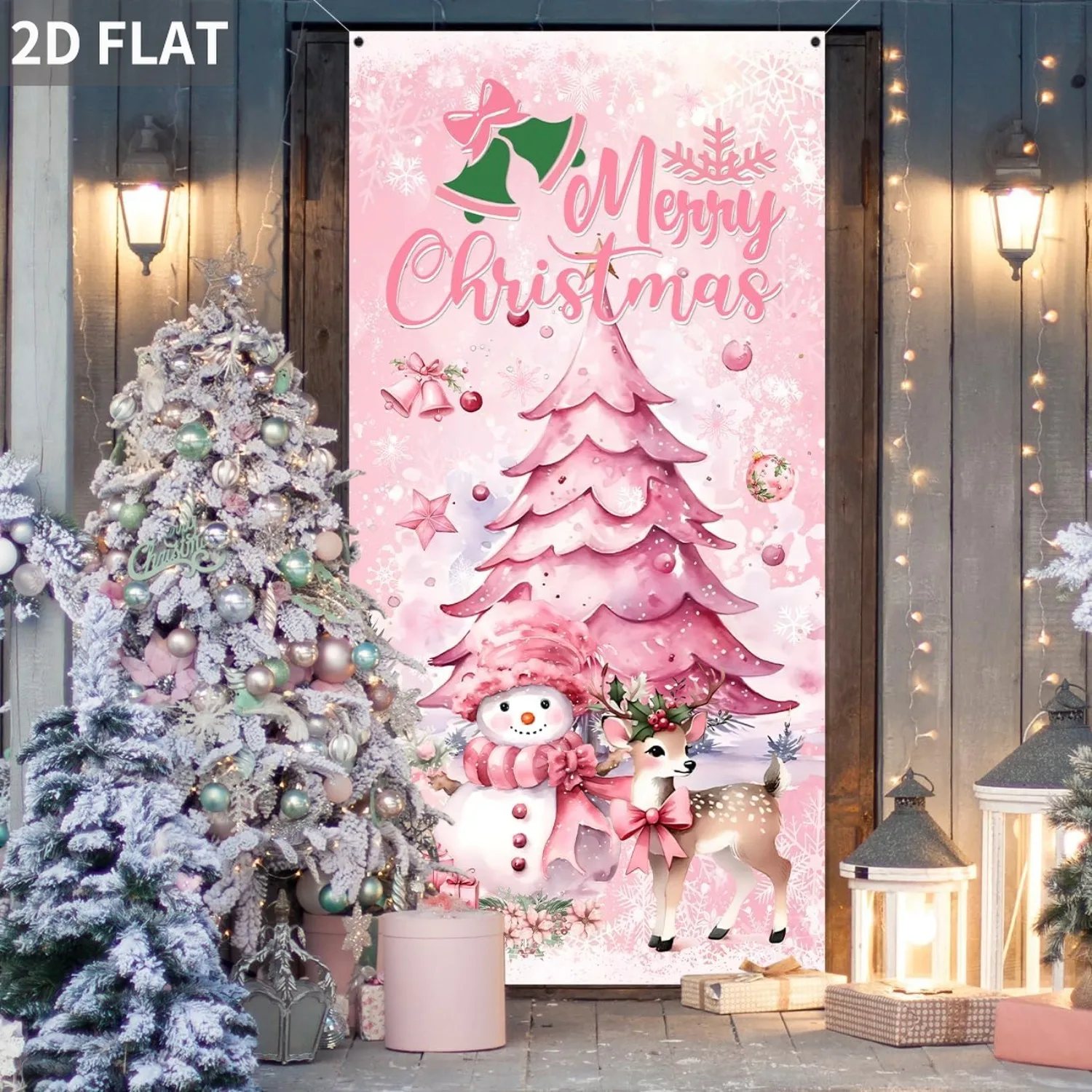 

1pc Pink Christmas Snowman and Christmas Tree Design Party Banner, 3x6FT Polyester Deer X-mas Front Door Cover Decorations