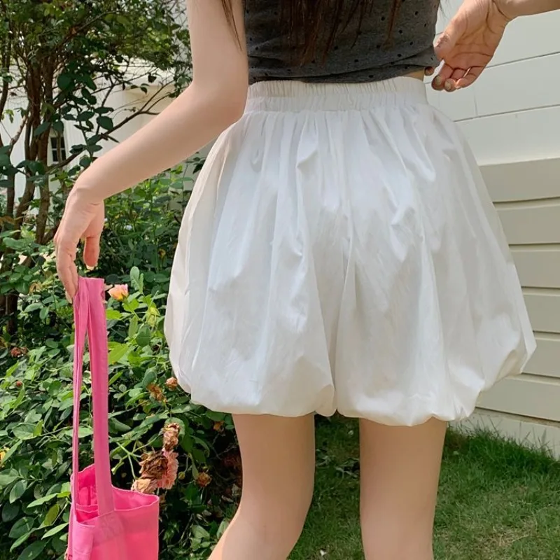 Elastic Waist Flower Bud Skirts Double Layered Pants Skirt Solid White Cute Bubble Skirt Cute Sweet Young Girls Summer Lolita