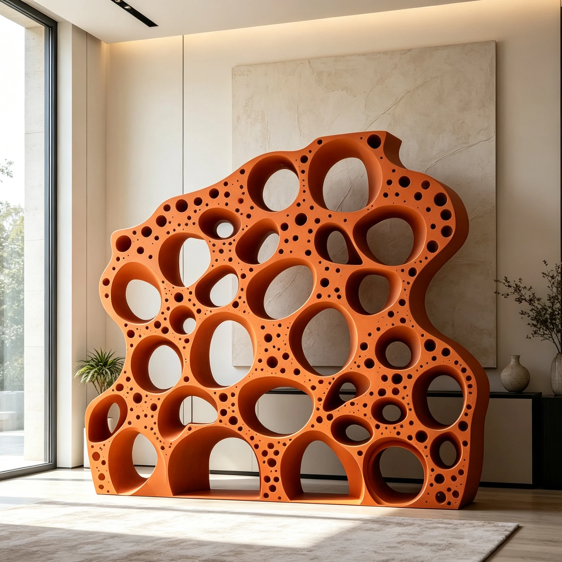 c*-Porous Organic Hole Partition Bookcase Fiberglass Frame Matte Orange Finish for Avant-Garde