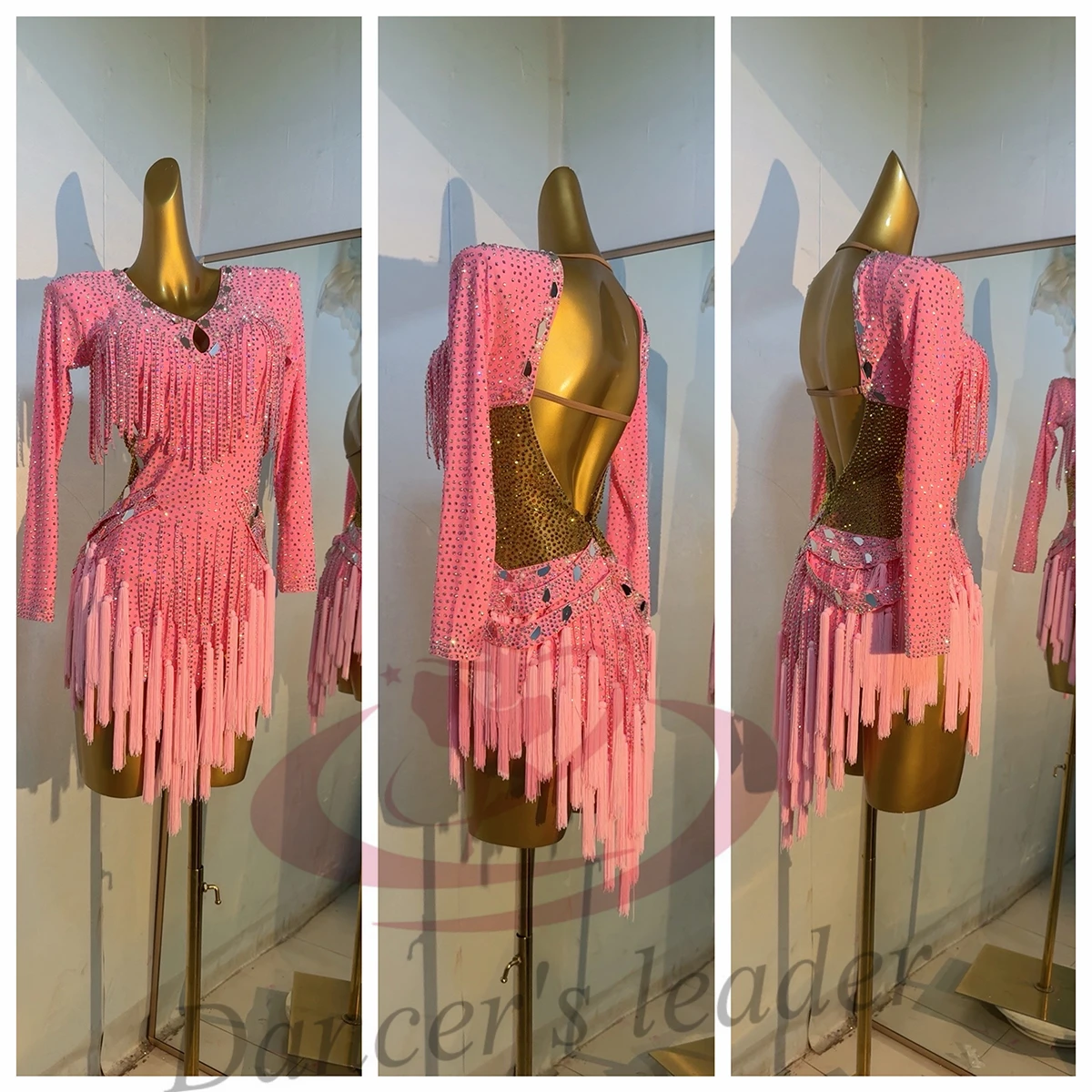 Latin Dance Kostüm AB Stein Weibliche Erwachsene Kinder High-End Maßgeschneiderte Rosa Quaste Blume Kostüm Cha Cha Tango PerformanceDress