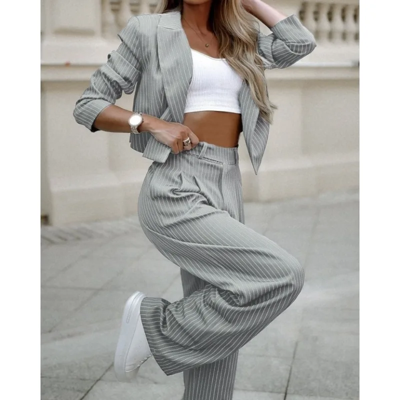 New Temperament Design Spring Summer Women\'s Clothing Temperament Leisure Striped Short Style Lapel Suit Straight-Leg Pants Suit