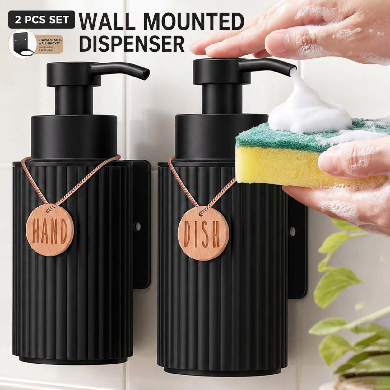 2pcs/set Wall‑Mounted Kitchen Dish Soap Dispenser with Tags, Refillable Dish and Hand Soap Pump Bottles for Kitchen Essentials