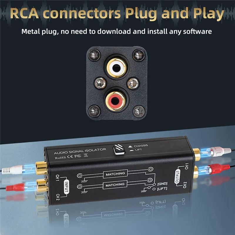 Isolador de sinal de áudio profissional, removedor de filtro de ruído de corrente de áudio, interface rca, plug and play, isolador passivo