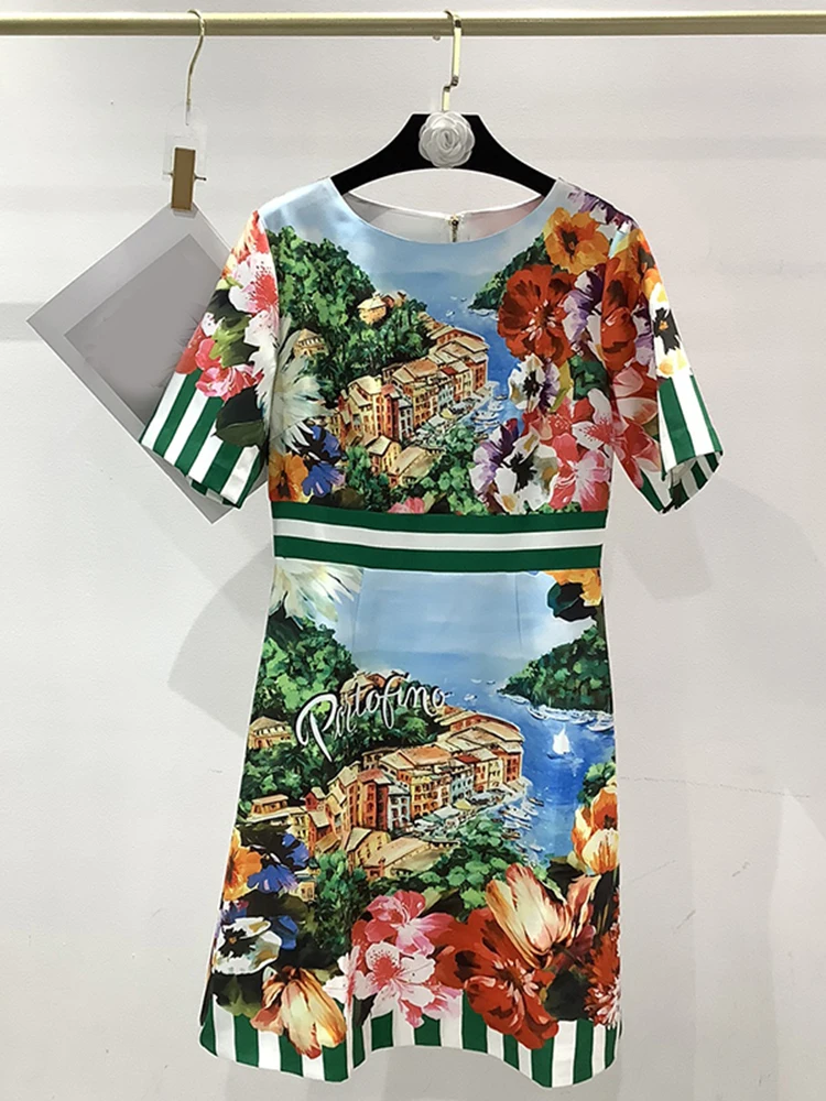 

Sweets Women Sicilian Dress Summer O-Neck Short Sleeve Fashion Digital Flower Printing Vestidos Party Vacation