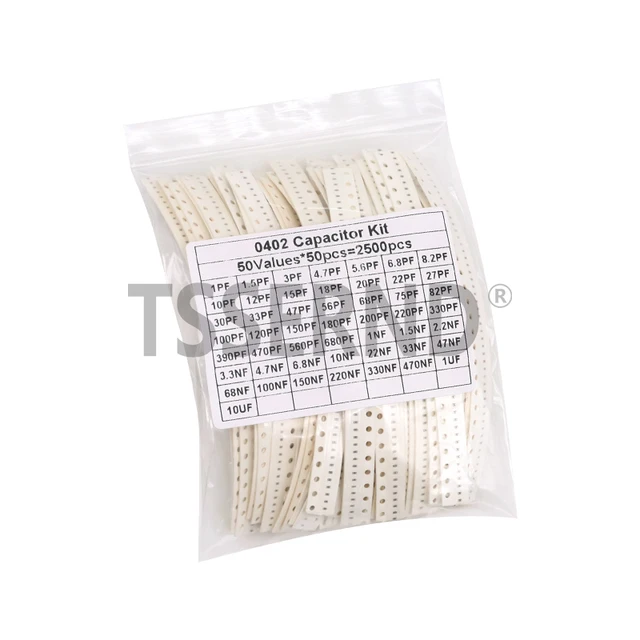2500szt 0402 0603 0805 Zestaw kondensatorów ceramicznych SMD 50 wartości 1pF - 10uF 100PF 10NF 100NF 0.47UF 1UF Zestaw pojemności chipów