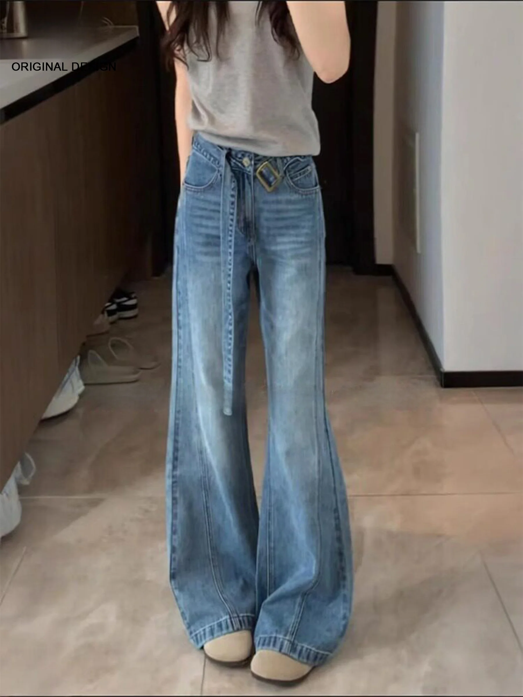 

Retro High Waist Bell Bottom Denim Jeans Women's Summer New Style Loose Fit Casual Loose Leggings Blue Belt Design