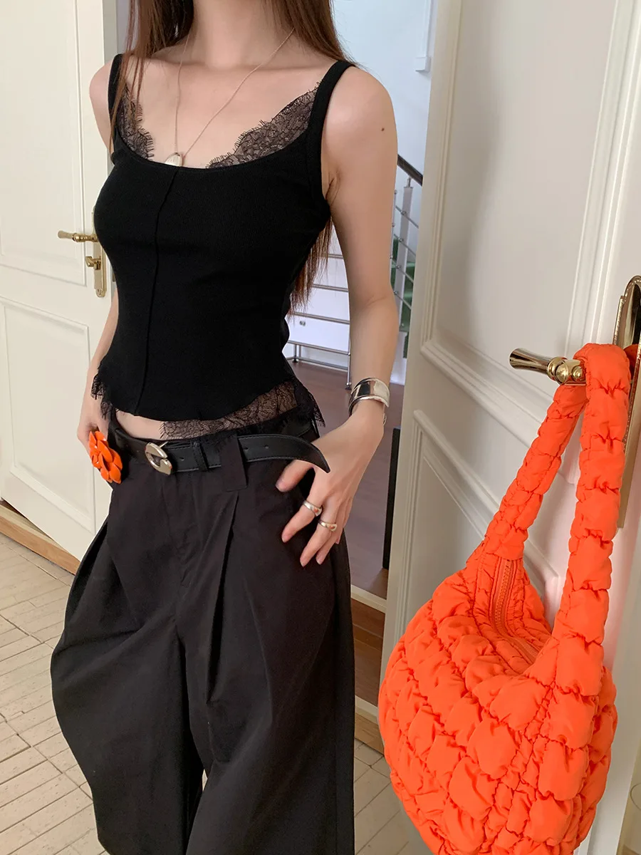 Slim-fit Knitted Pit Strip High Elastic Pure To Solid Color Lace Patchwork Vest Straps Korean Fashion Clothing