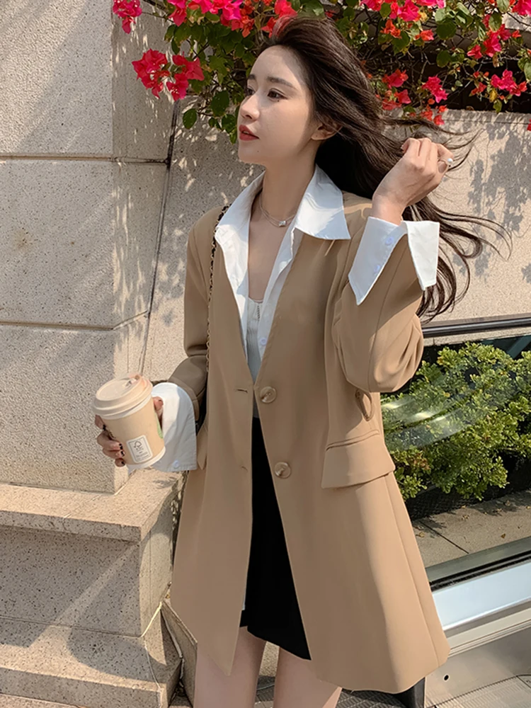 LANMREM Patchwork Blazers For Women Long Sleeves Single Breasted Khaki Color Belt Coat Office Lady Fashion Clothes 2DA4185