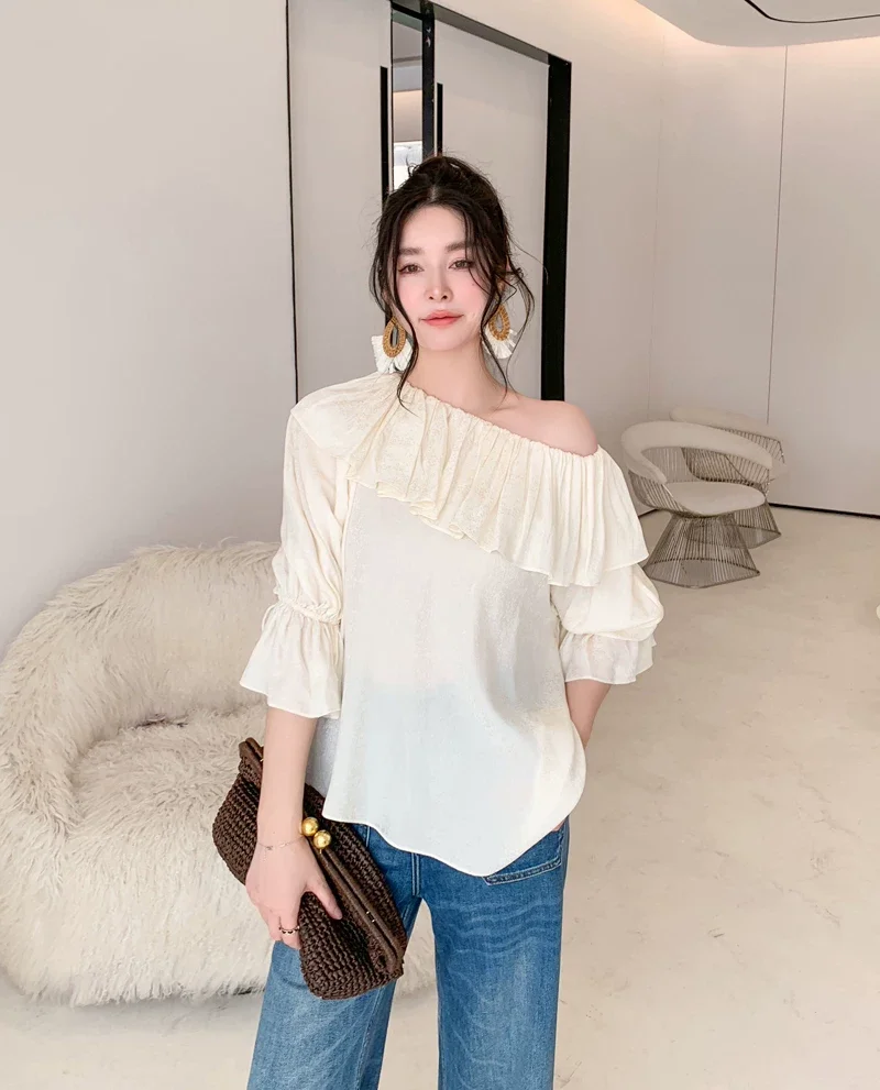 

High Quality Elegant Ladies Beige Silk Jacquard Shirt Sexy Off Shoulder Flare Sleeve Fashion Loose Ruffles Tops