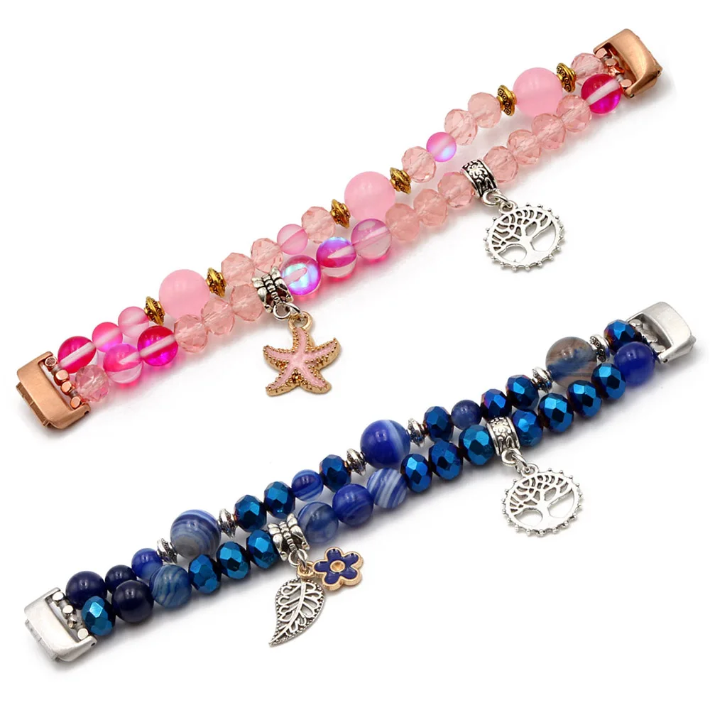 Beaded Strap for Fitbit Inspire 3 Band Agate Watch Bracelet Jewelry Pink Blue Beaded Elastic Stretchy Wrist Women Girl Luxury