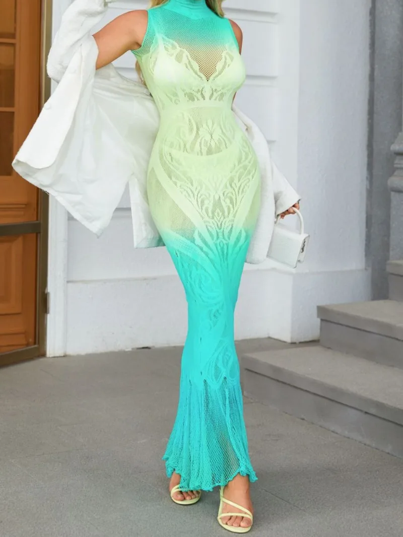 Sleeveless Mesh Dress Lace Pattern Sheer High Neck Bodycon Gown With Fringed Hem Chic Summer Party For Women Vacation Dress ID6N