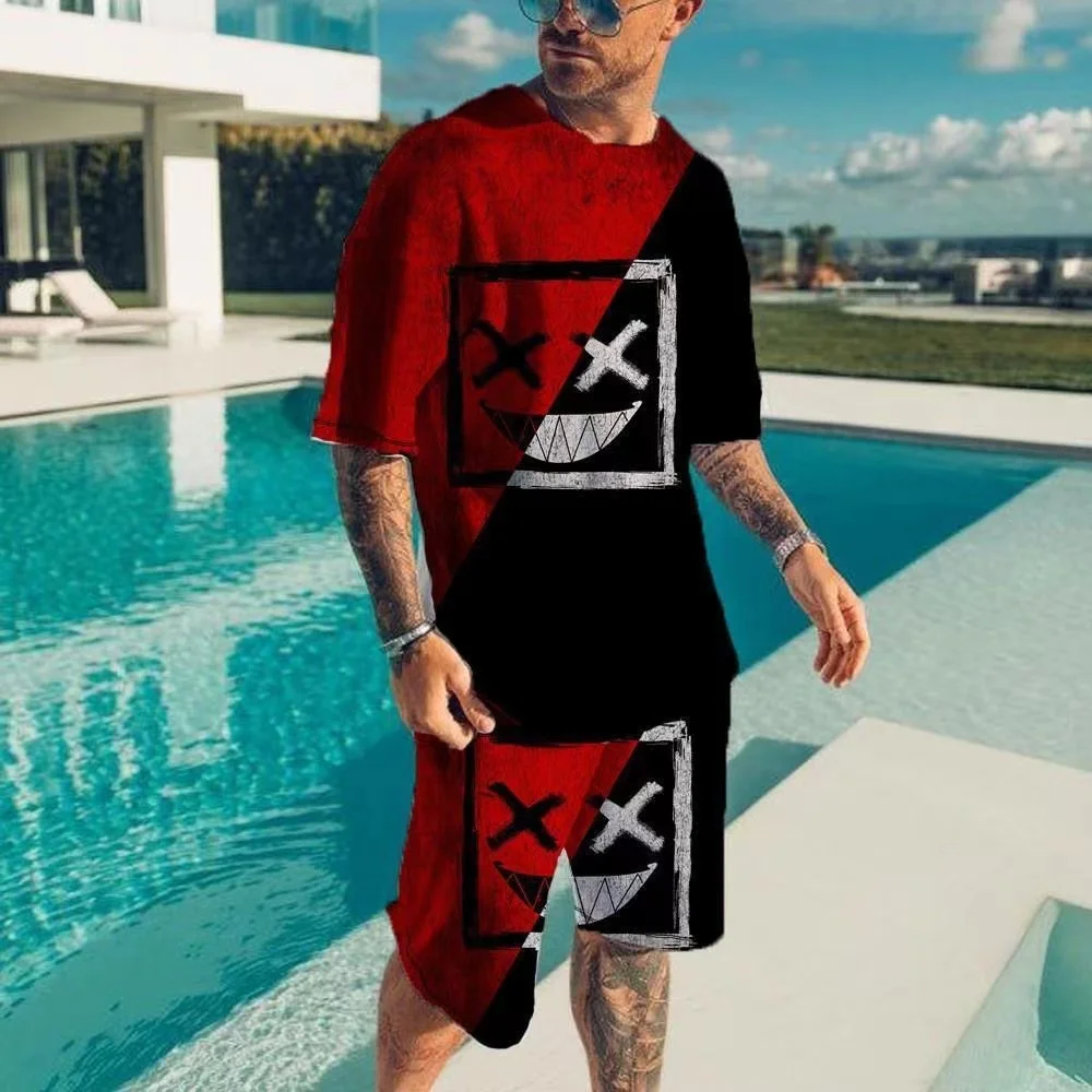 

Summer European American T-shirt Set Black White Smiley Face Print Men's Casual Sports Shorts Breathable Comfortable Clothes