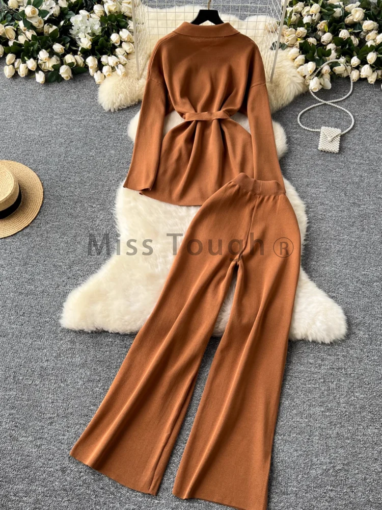 Autumn Korean Fashion Retro Knitted Two Piece Set Women Turndown Collar Tops + Long Pants Winter Slim Vintage Elegant Suits 2024