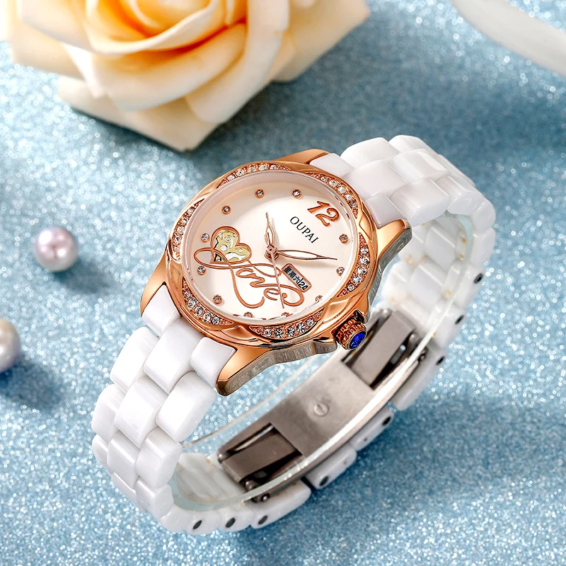 OUPAI-Reloj de esfera redonda para mujer, accesorio de cerámica con diamantes de imitación, exquisito, luminoso, resistente al agua, calendario semanal, a la moda y elegante