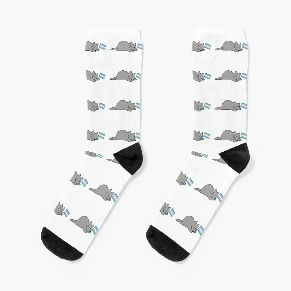 Cat with a Trans Pride Flag Socks new year designer Stockings compression hiking Men's Socks Luxury Women's