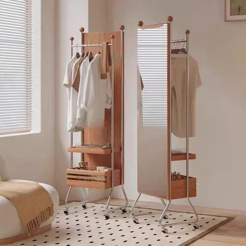 Wood Full-Length Mirror Movable Bedroom Clothes Rack Home Floor Storage Retro Coat Rack