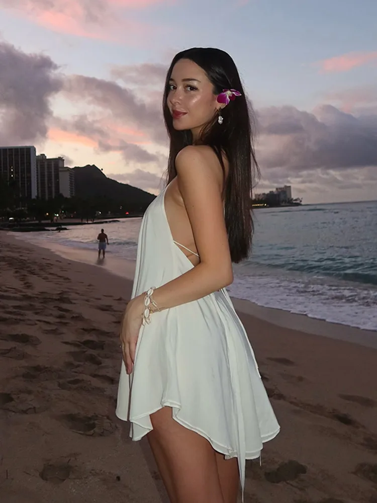 Mulheres sexy halter em camadas babados mini vestido moda fora do ombro sem costas uma linha vestidos primavera verão chique senhora vestidos curtos