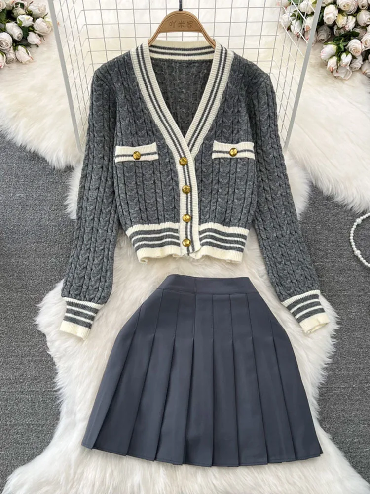 Fashion suit women\'s V-neck single breasted Fried Dough Twists sweater cardigan coat two-piece high waist skirt autumn