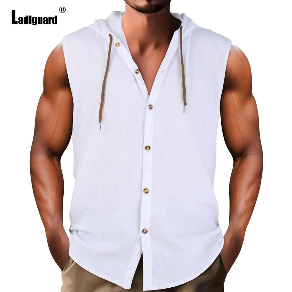 Plus Size Mens Casual Linen Tank Tops 2025 Single-breasted Vest Men's Sleeveless Beach Tracksuits Solid Hoodie Shirts Blouse New