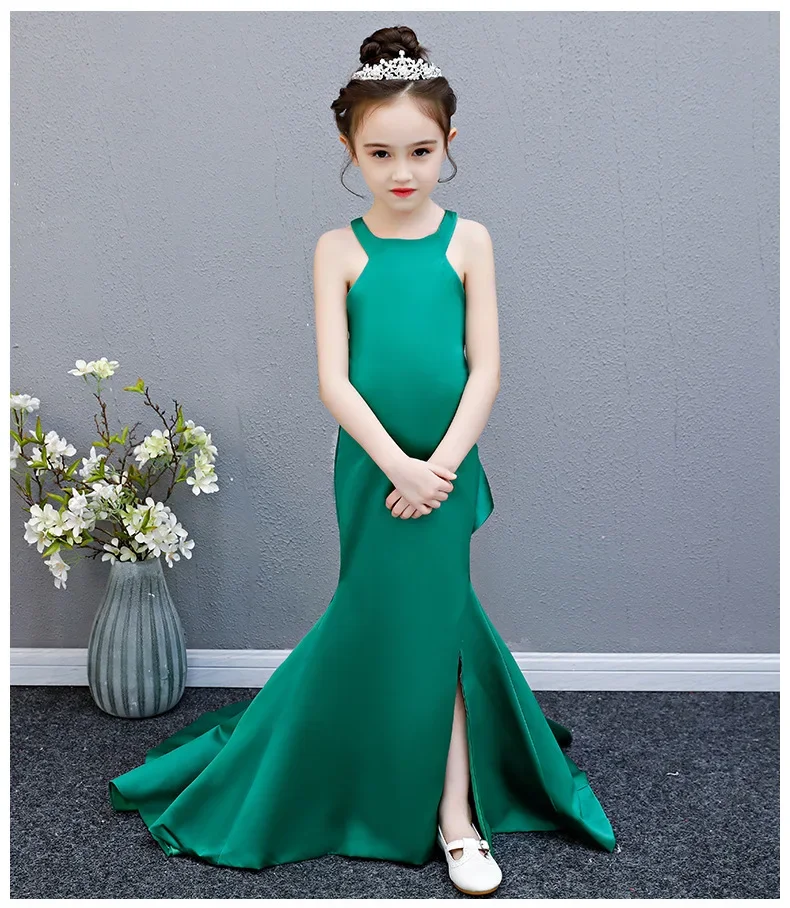 Mermaid Princess Dress Backless Long Tailing Hanging Neck Kids Pageant Dress for Birthday Party Halter Bodycon Girl Evening Gown