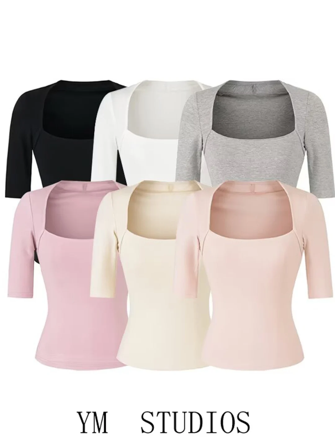 Slim Fit Low Cut Square Neck Five Sleeve T Shirt Women's Korean Style Casual Top in Various Colors for Ladies