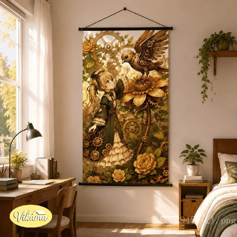 VIKAMA Steampunk Lolita Tapestry Lace Dress Mechanical Bird Golden Rose Vine Anime Art Polyester Wall Hanging Bedroom Dorm Decor