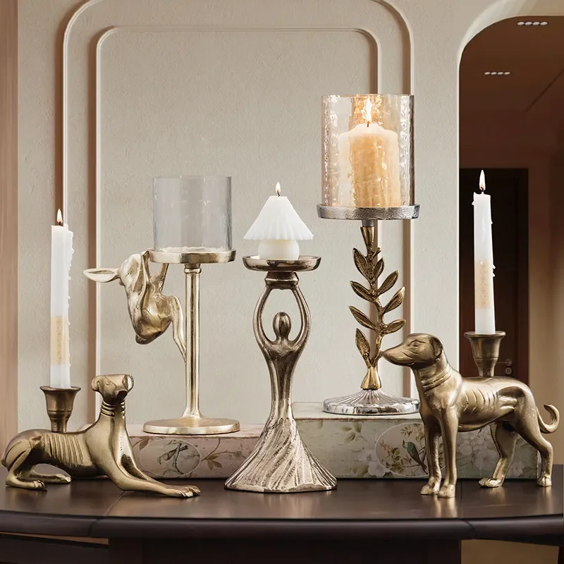 Candle light table dinner hotel golden candlestick ornament light luxury romantic atmosphere home decoration shooting props