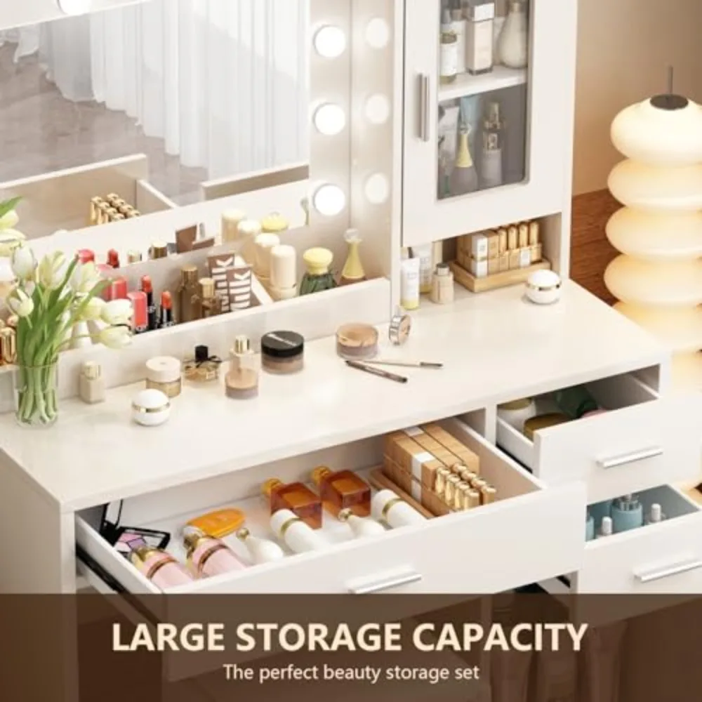 Makeup Vanity Desk Set with LED Lights Mirror Chair, Vanity Table with 7 Storage Shelves and 3 Drawers,3 Lighting Modes