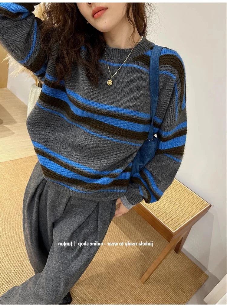 Contrast striped cashmere sweater women's European station winter clothes 2024 new European goods women's lazy wind sweater tide