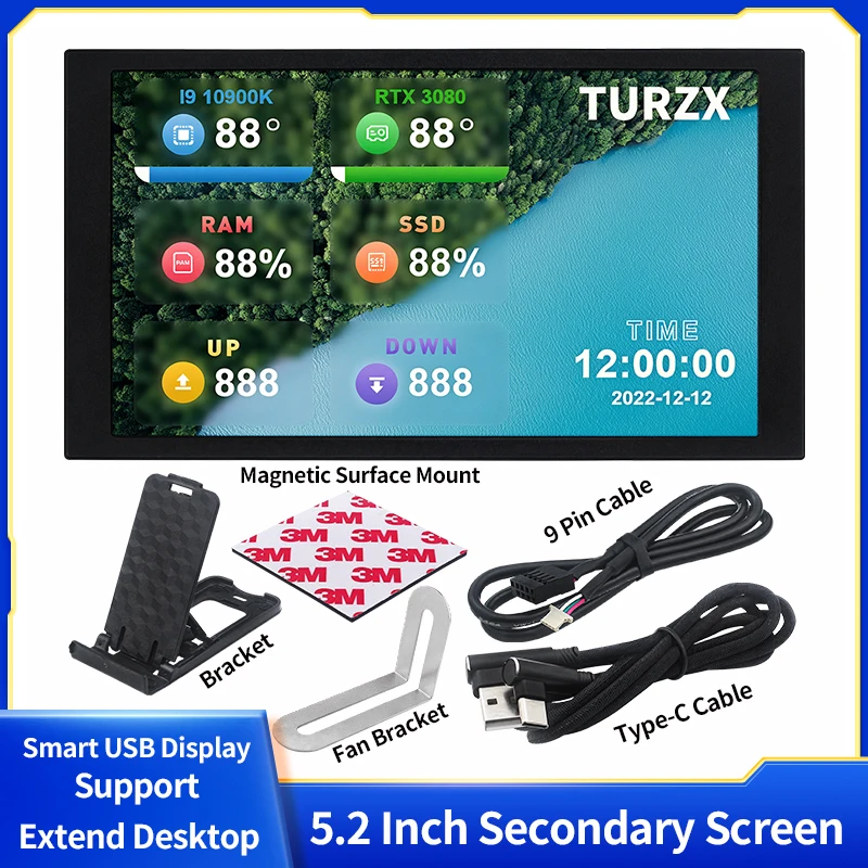 

TURZX 5.2 Inch Secondary Screen USB-C Interface CPU GPU RAM Smart Screen 1280x720 Support Extend Desktop For Windows 10 11