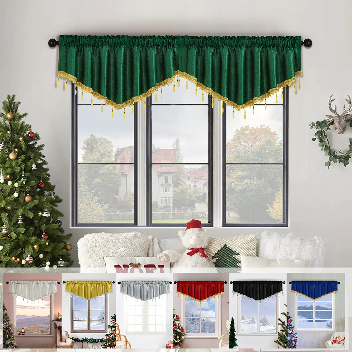 1pc Italy Fabric V-Shaped Curtain Valance with Beads,Modern Pure Color Wave Valance for Living Room, Chrismas Festive Home Decor