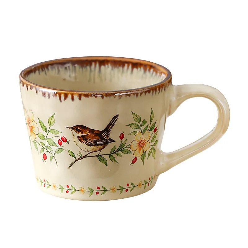 Factory Direct Compatible with Medieval Style Kiln Change V-Shaped Mug Ceramic Flower and Bird Coffee Breakfast Milk Cup