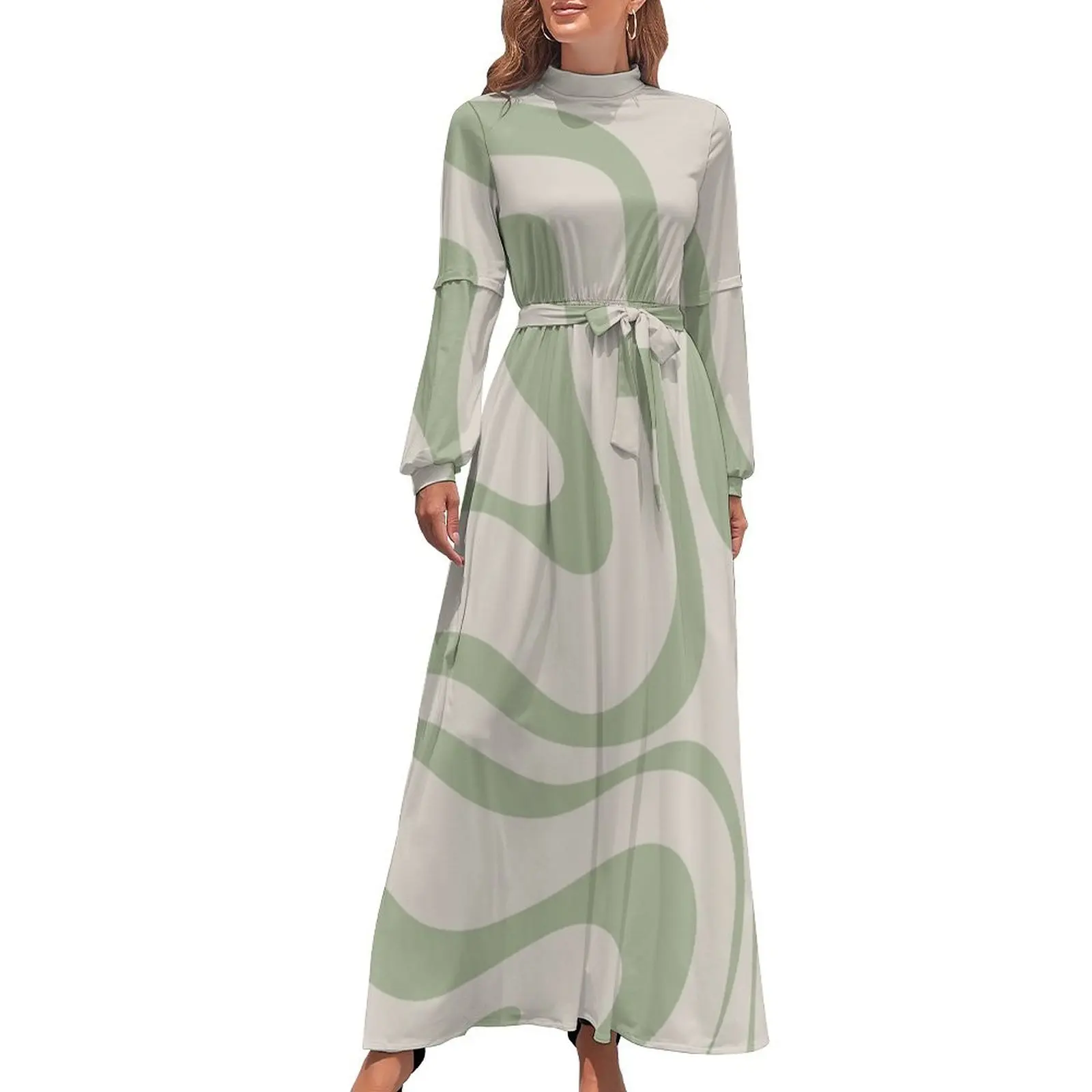 Liquid Swirl Abstract Pattern in Beige and Sage Green Long Dress luxury dress Casual dresses